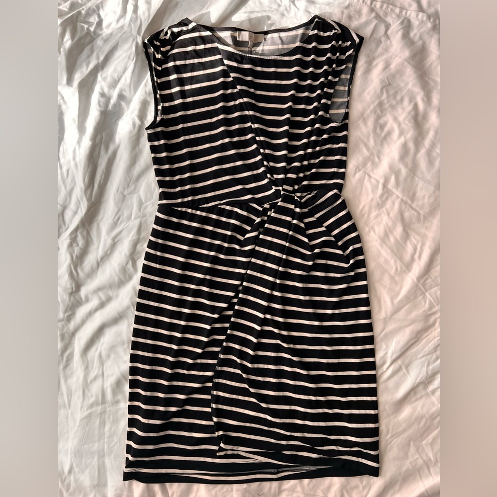 Loft Black and White Striped Wrap Dress